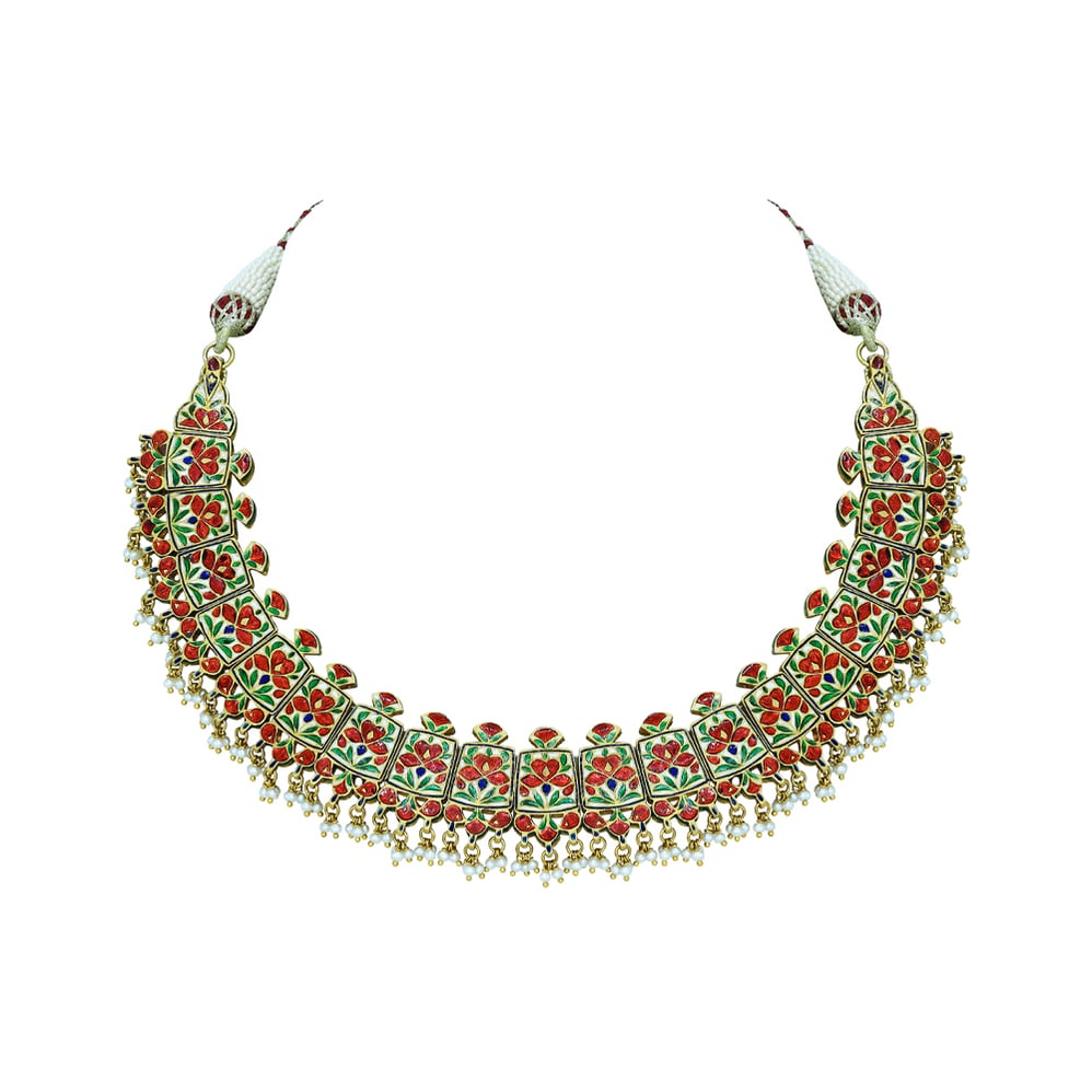 Red Enamel Polki Necklace with Floral Motifs and Cheed Pearls